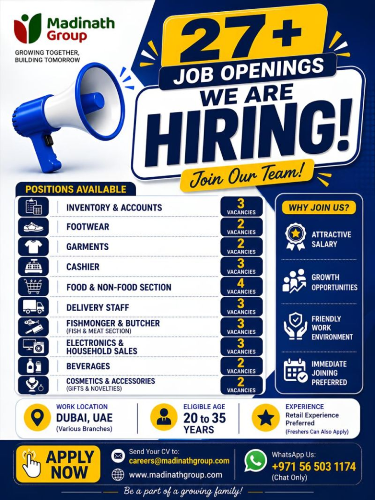 Madinath Group has announced 27+ retail job vacancies in Dubai, UAE. Explore the latest careers, eligibility criteria, and application process for August 2026 recruitment.