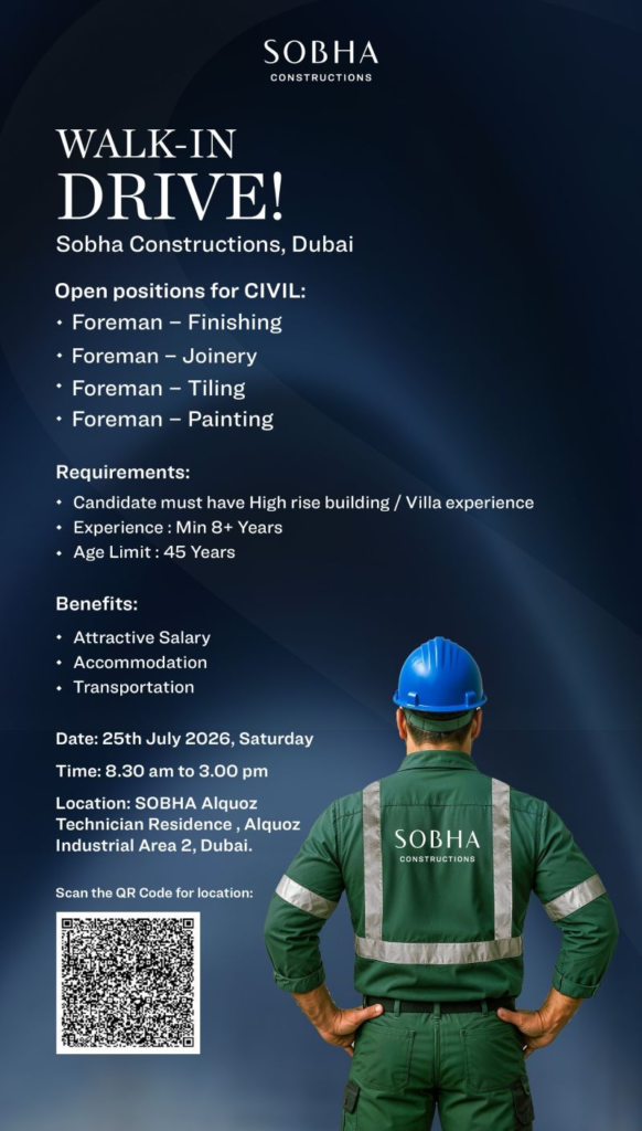 Sobha Construction Walk in Interview in Dubai, Abu Dhabi, Sharjah, RAK | Construction Jobs and Careers in UAE